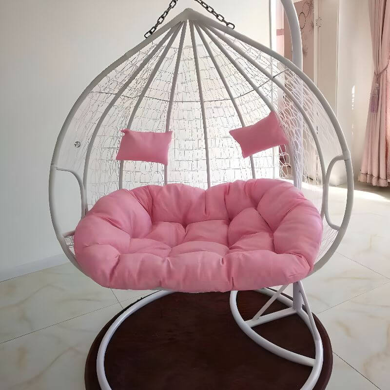 Two-seater metal porch swing egg chair with stand, cushions, and chain included