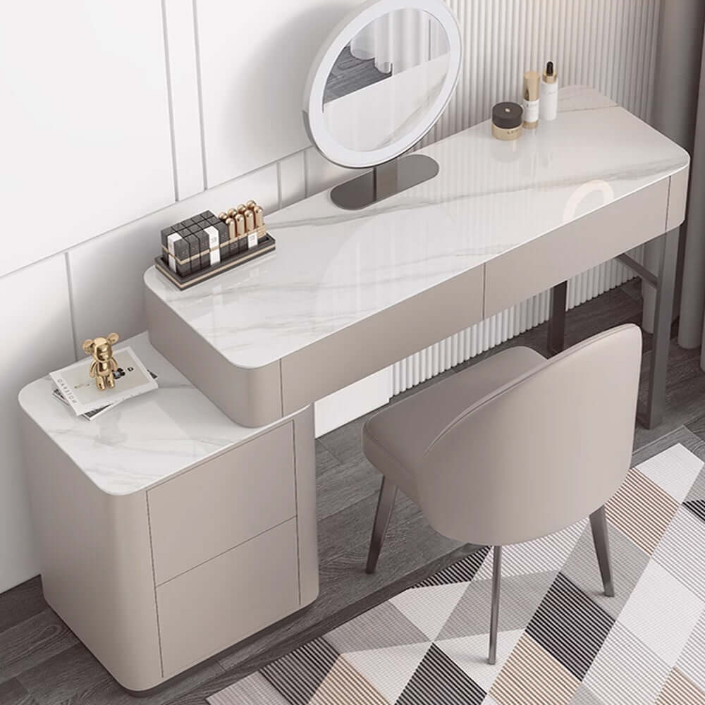 Gray solid wood makeup vanity set with stool and mirror for bedroom dressing