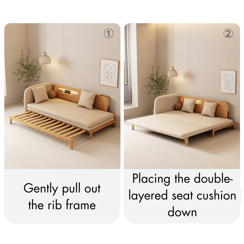 Modern Pull Out Sofa Bed Wood Convertible Sleeper Sofa Cotton Linen