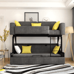 Convertible folding wood bunk bed sleeper with gray, blue, and khaki cushions included