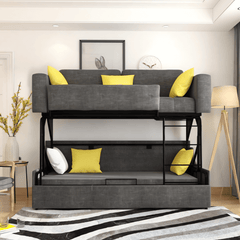 Modern Gray/Blue/Khaki Folding Wood Bunk Bed Sleeper Convertible Sofa Bed Pillows Included
