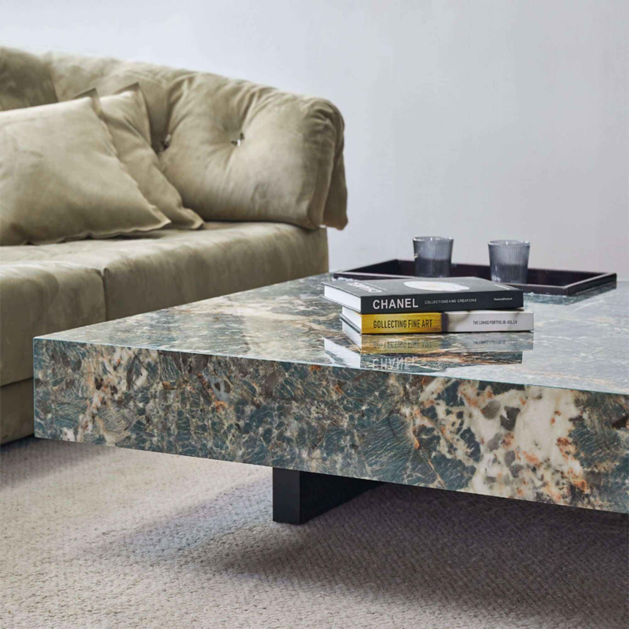 Square coffee table with luxury marbled top and sturdy metal legs