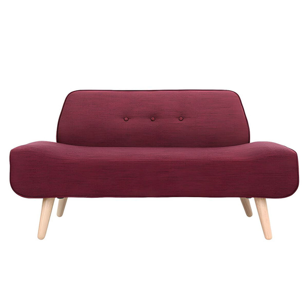 Small Scandinavian style sofa with wood frame and solid color polyester upholstery