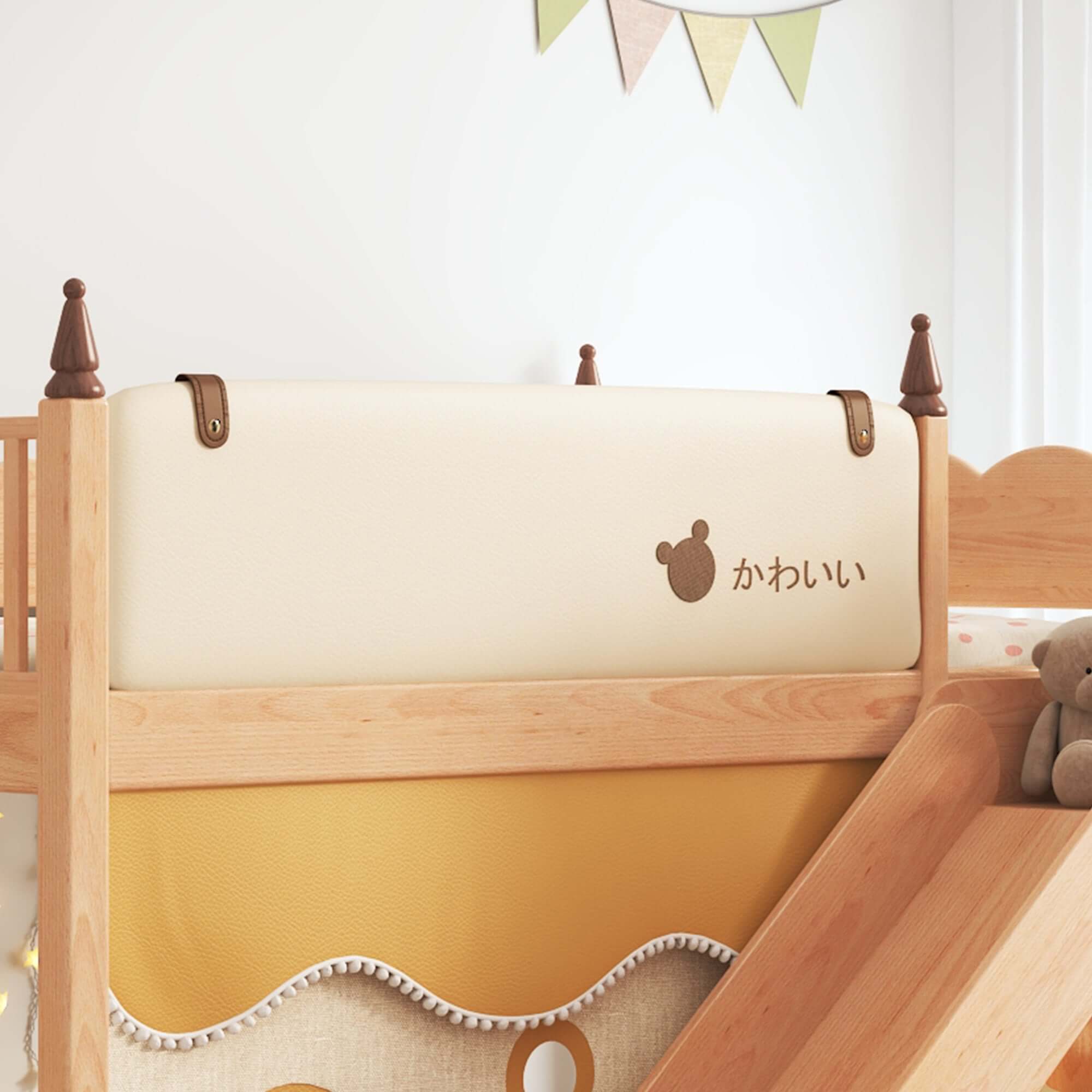 Solid wood children's bunk bed with slide, storage, and play tent for kids' bedroom