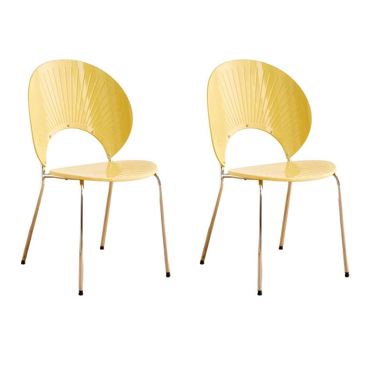 Stackable Scandinavian style dining chair with plastic seat, acrylic back, and silver legs