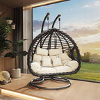 Porch swing with tropical ivory and auburn hydrophobic framed pads, metal stand and chain included