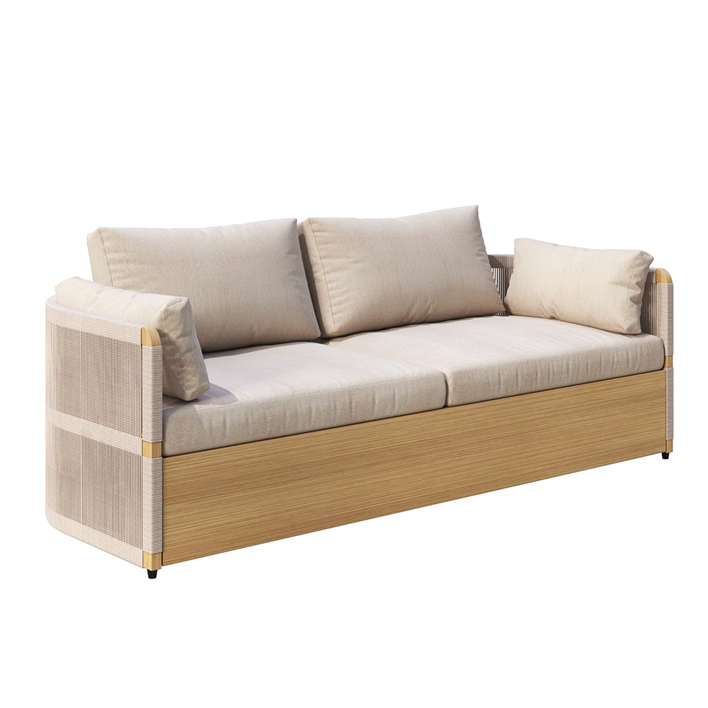 Modern outdoor swivel sofa set with aluminum frame and rope accents, includes coffee table in khaki