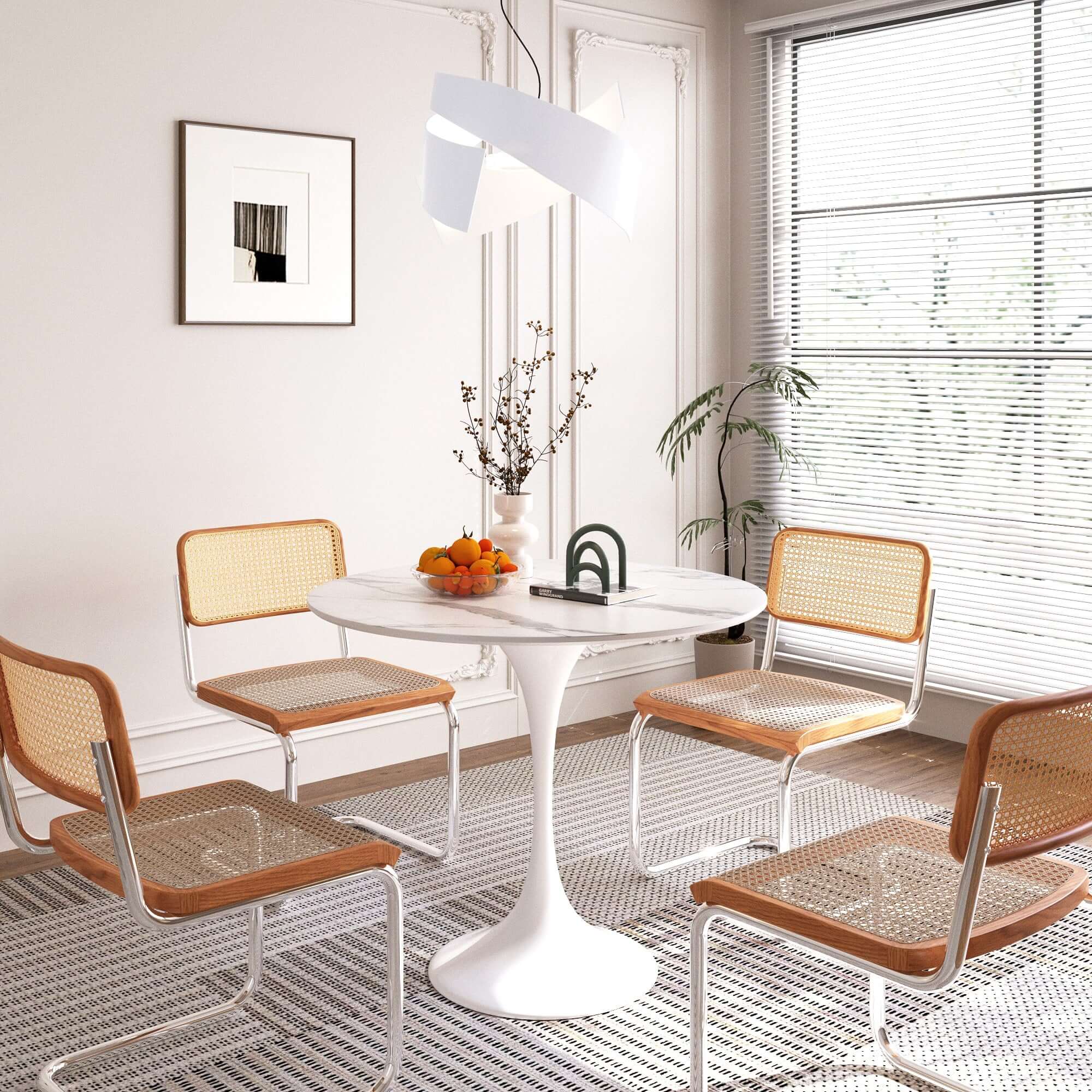 Round white rock slab dining table with minimalist design, 35.43 inches in diameter