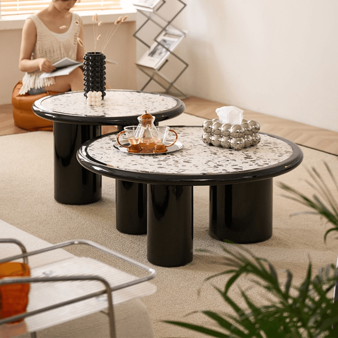 Round terrazzo coffee table with elegant design, perfect for adding sophistication to your living room