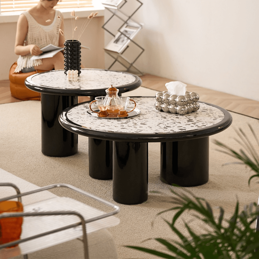 Round terrazzo coffee table with elegant design, perfect for adding sophistication to your living room