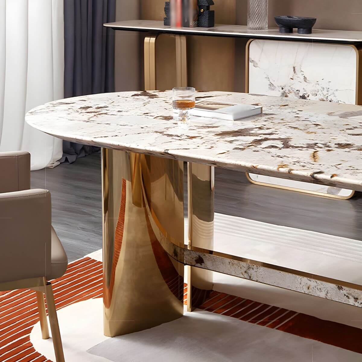 Oval marble dining table with traditional luxury design for home dining rooms