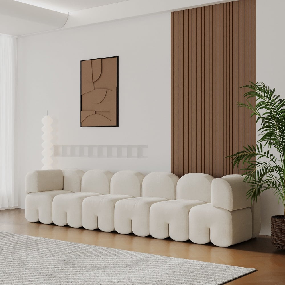 Modern white upholstered velvet floor couch, 4-seater sofa for living room seating