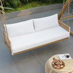 Ropipe Outdoor 2-Seater Swing Sofa in Khaki with Hand Woven Rope & White Cushion