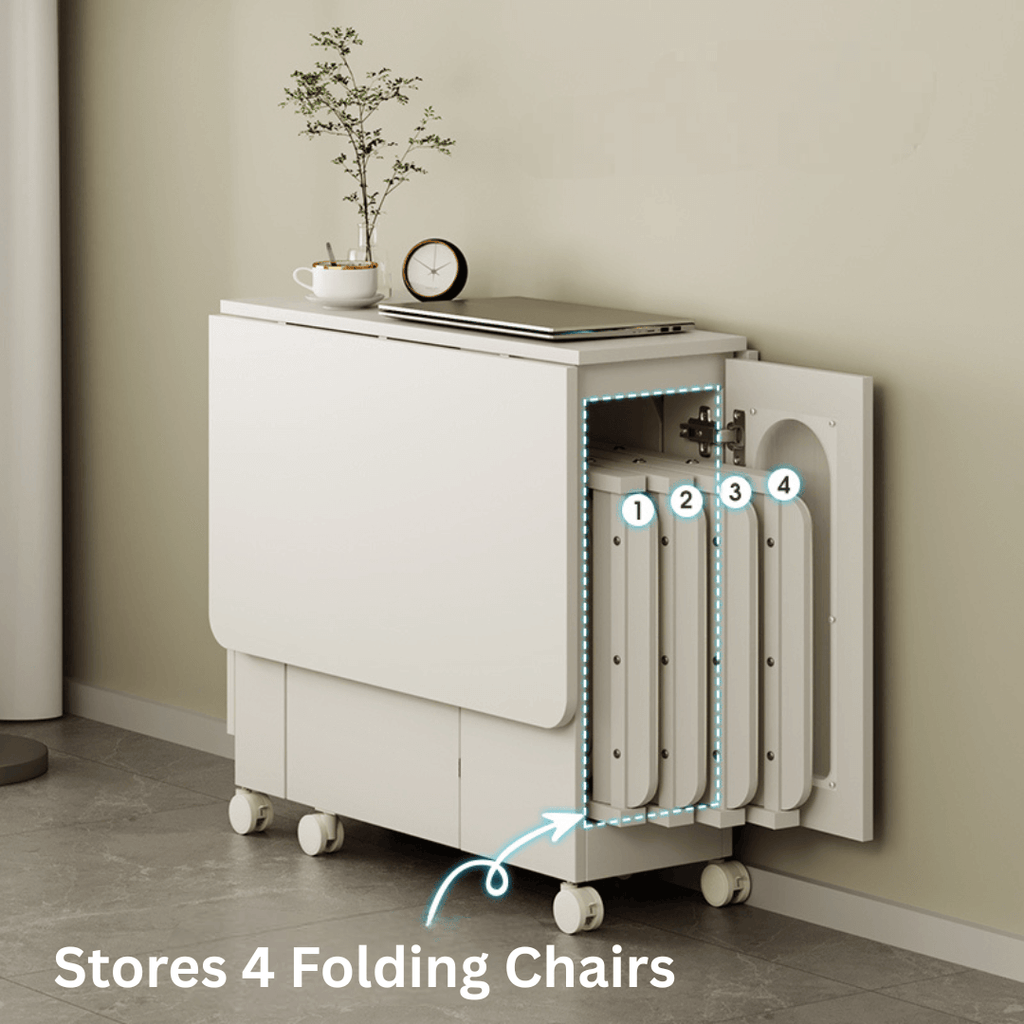 Cream foldable dining table with wheels, minimalist design, easy to assemble