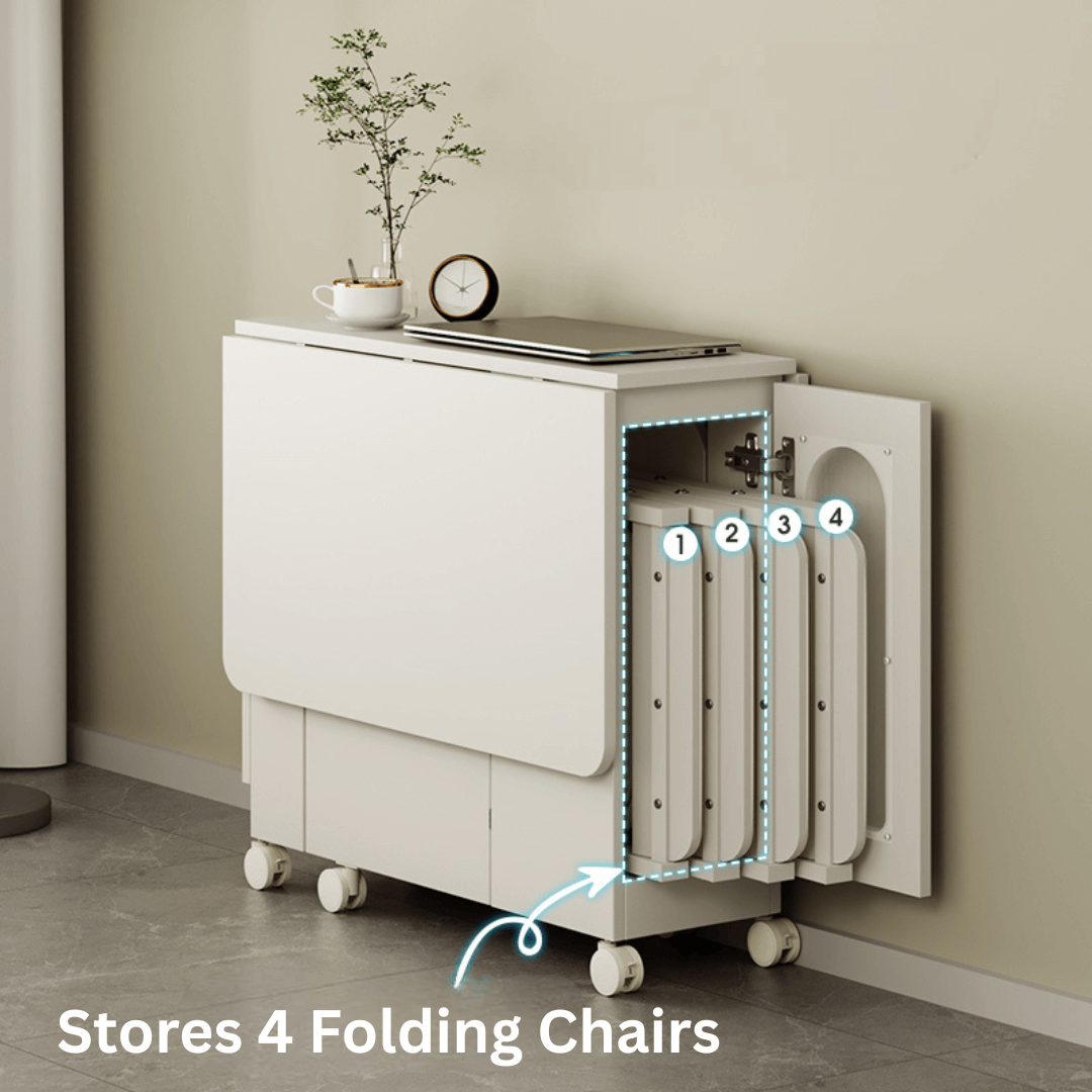 Cream foldable dining table with wheels, minimalist design, easy to assemble