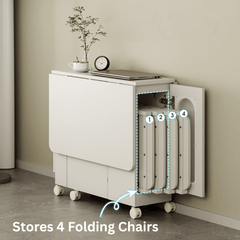 Minimalist Cream Foldable Dining Table with Wheels - Easy to Assemble