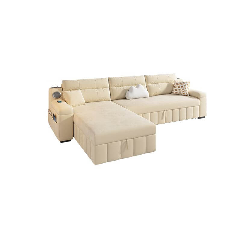 Beige Twill Sofa Recliner with USB Port, Under-seat Storage, Left Orientation, and L-Shape Design, 94"L x 63"W x 33"H