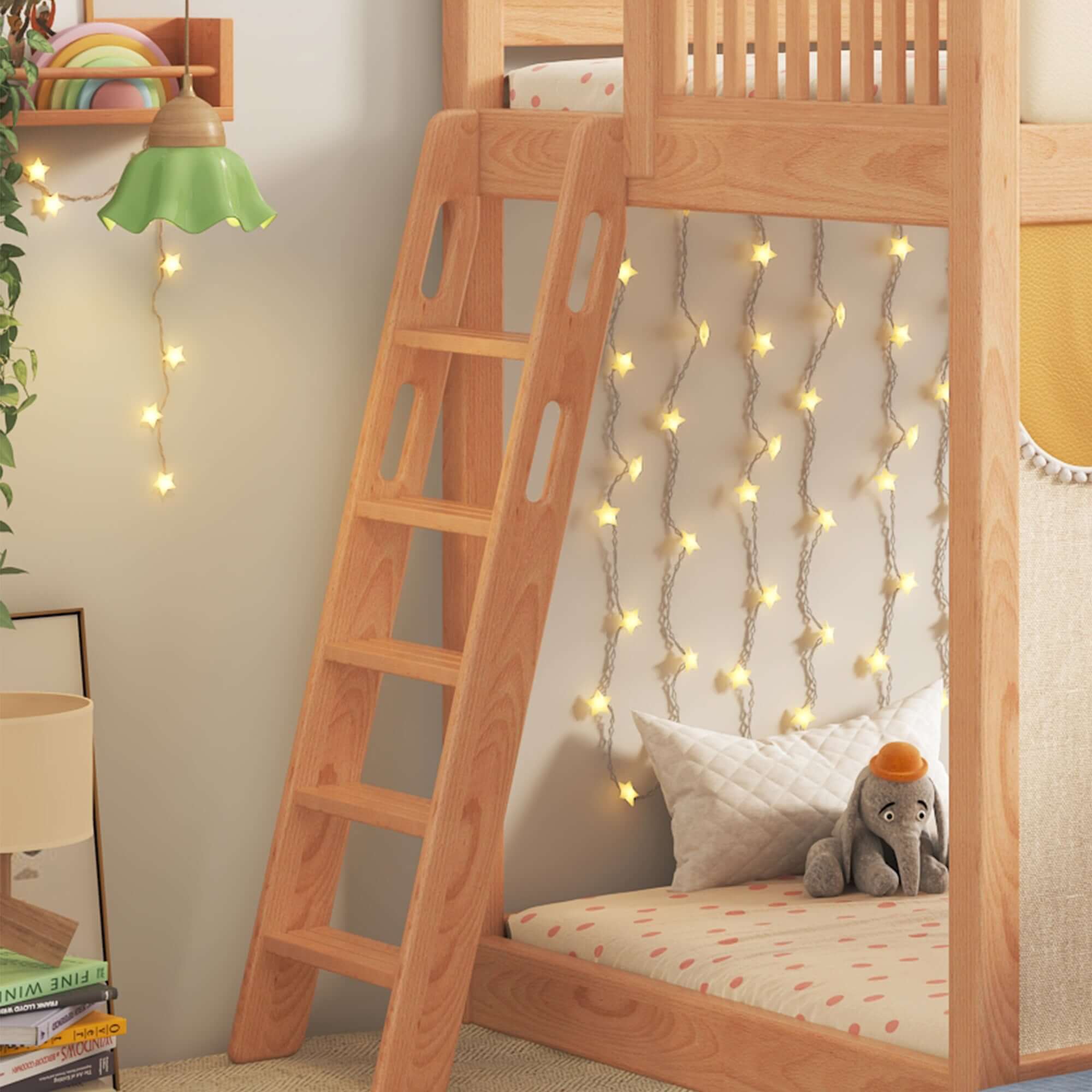Solid wood children's bunk bed with slide, storage, and play tent for kids' bedroom