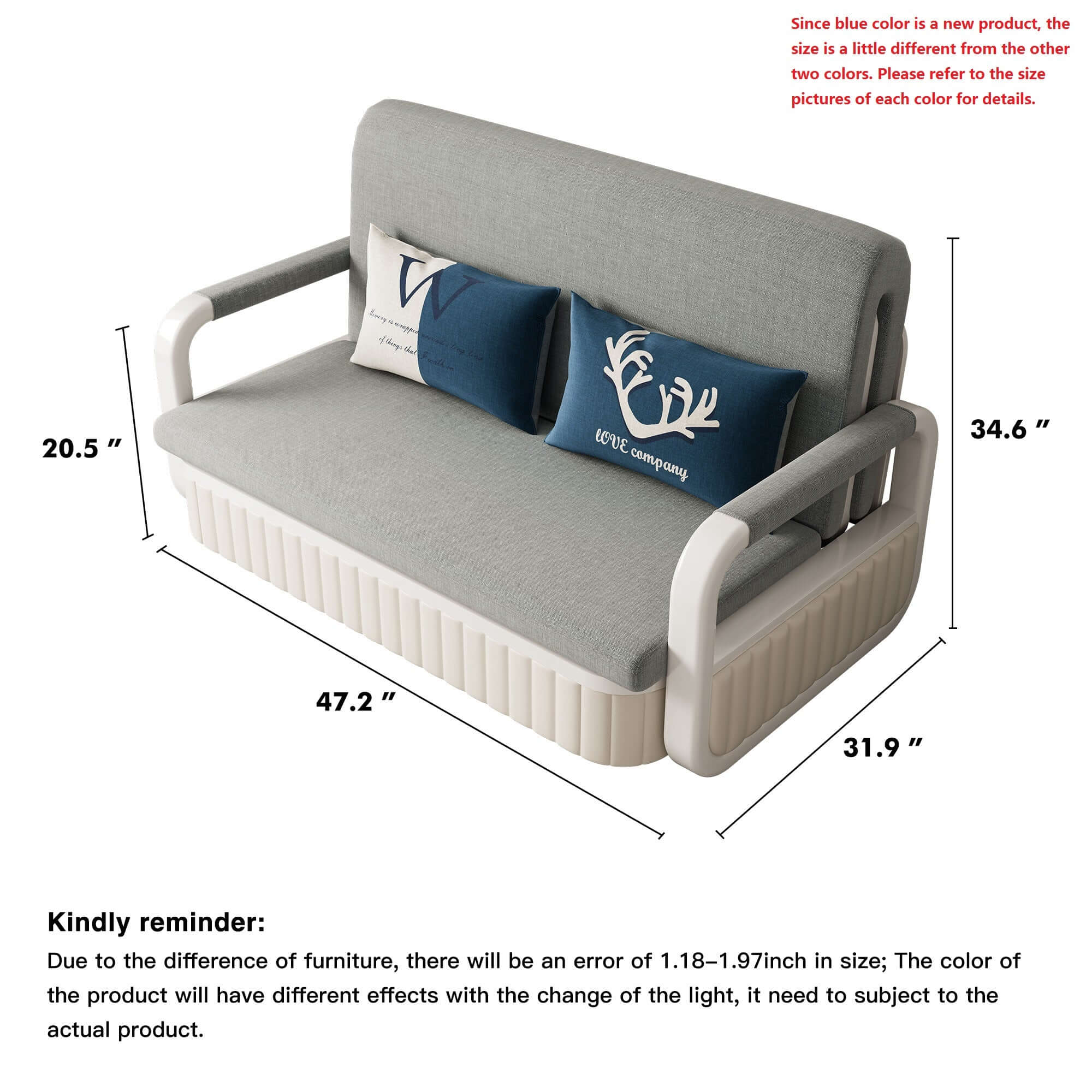 Two-seater sofa bed with cotton linen upholstery, storage compartment, and square arm design
