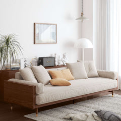 Canapé moderne beige 3 places en tissu de lin rembourré avec cadre en bois massif pour le salon