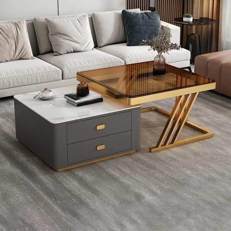 Modern square steel frame nesting coffee tables set with two pieces, including a small table