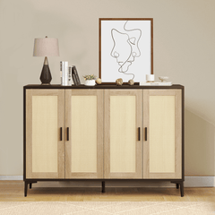 48.42 Inch Sideboard Cabinet with Rattan Decorated 4-Doors