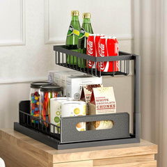 2 Pack 2-Tier Under Sink Organizers and Storage Sliding Cabinet BasketOrganizer with Hooks Multi-PurposeUnder Sink Organizers and Storagefor Bathroom Kitchen Racks Silicone