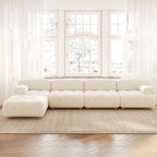 White modern L-shaped modular boucle sectional sofa loveseat with wood legs