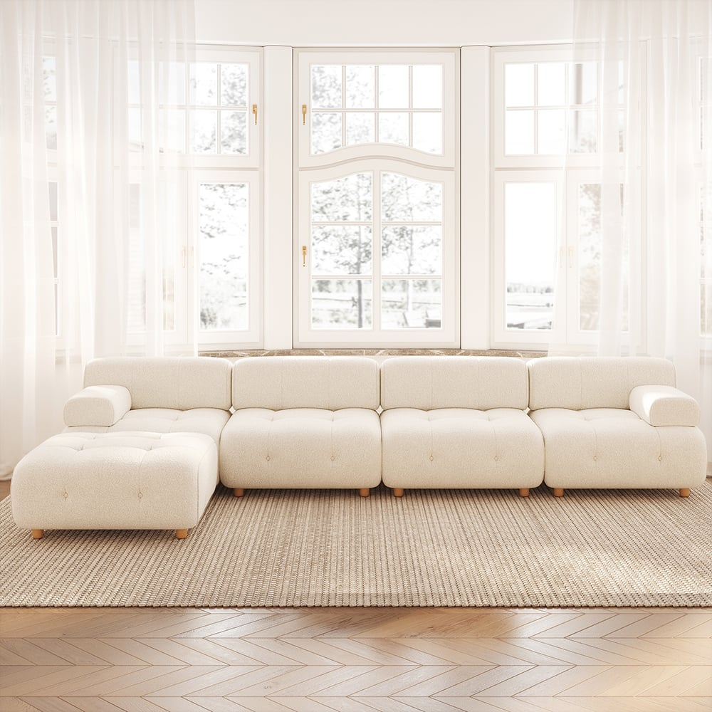 White modern L-shaped modular boucle sectional sofa loveseat with wood legs