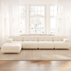 Modernes L-förmiges, modulares, weißes Ecksofa aus Bouclé-Sofa mit Holzbeinen