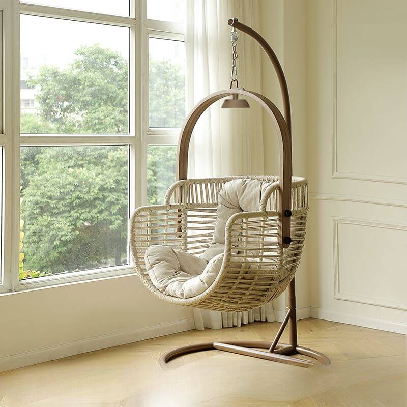 Tropical cocoa and cream upholstered porch swing with alloy frame, stand, and chain included
