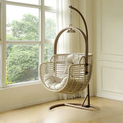 Tropical Cocoa/Cream/Chalk Alloy Frame Upholstered Porch Swing with Stand and Chain, Stand Included Porch Swings