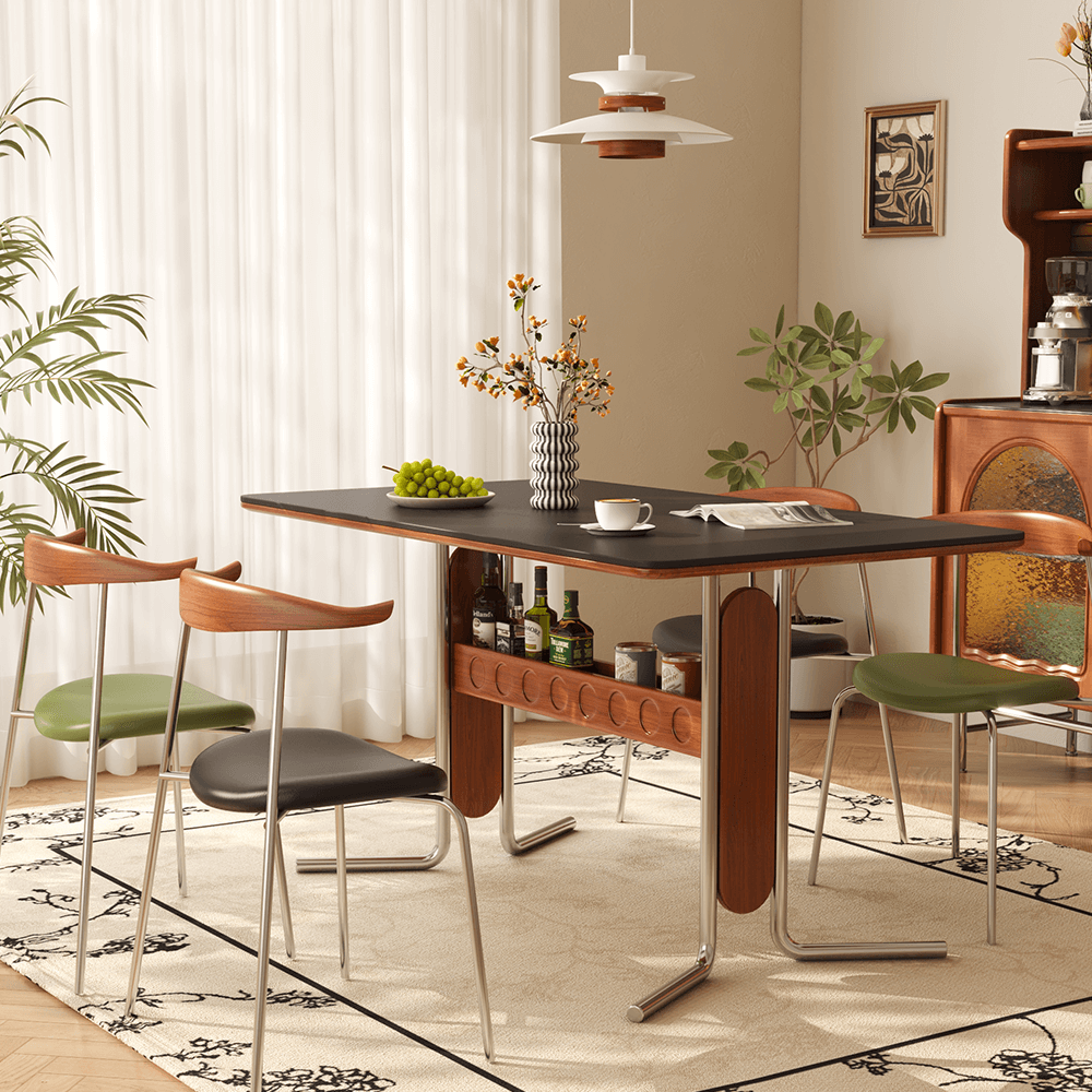 Square vintage dining and desk combo table with slate top, storage, and stainless steel legs