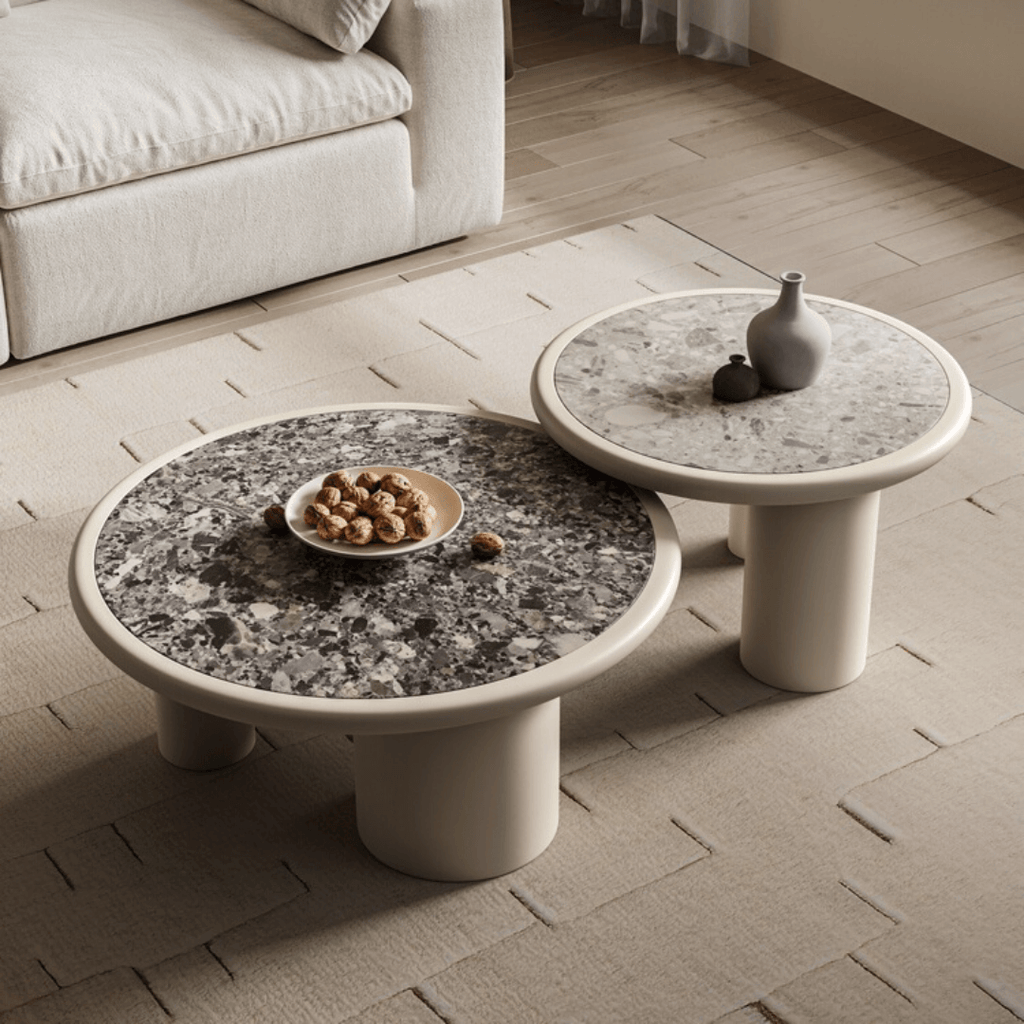 Round terrazzo coffee table with elegant design, perfect for chic home decor