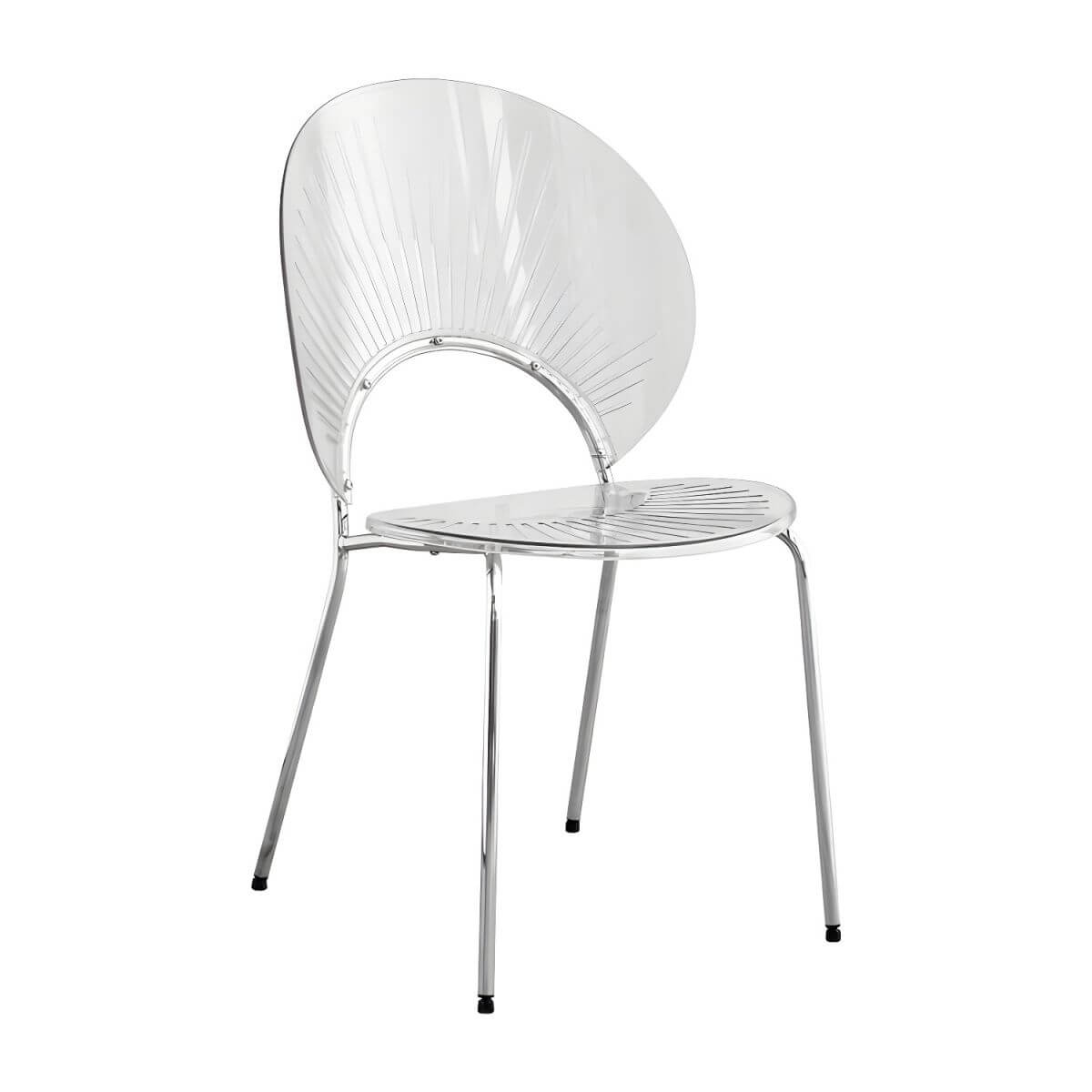 Stackable Scandinavian style dining chair with plastic seat, acrylic back, and silver legs