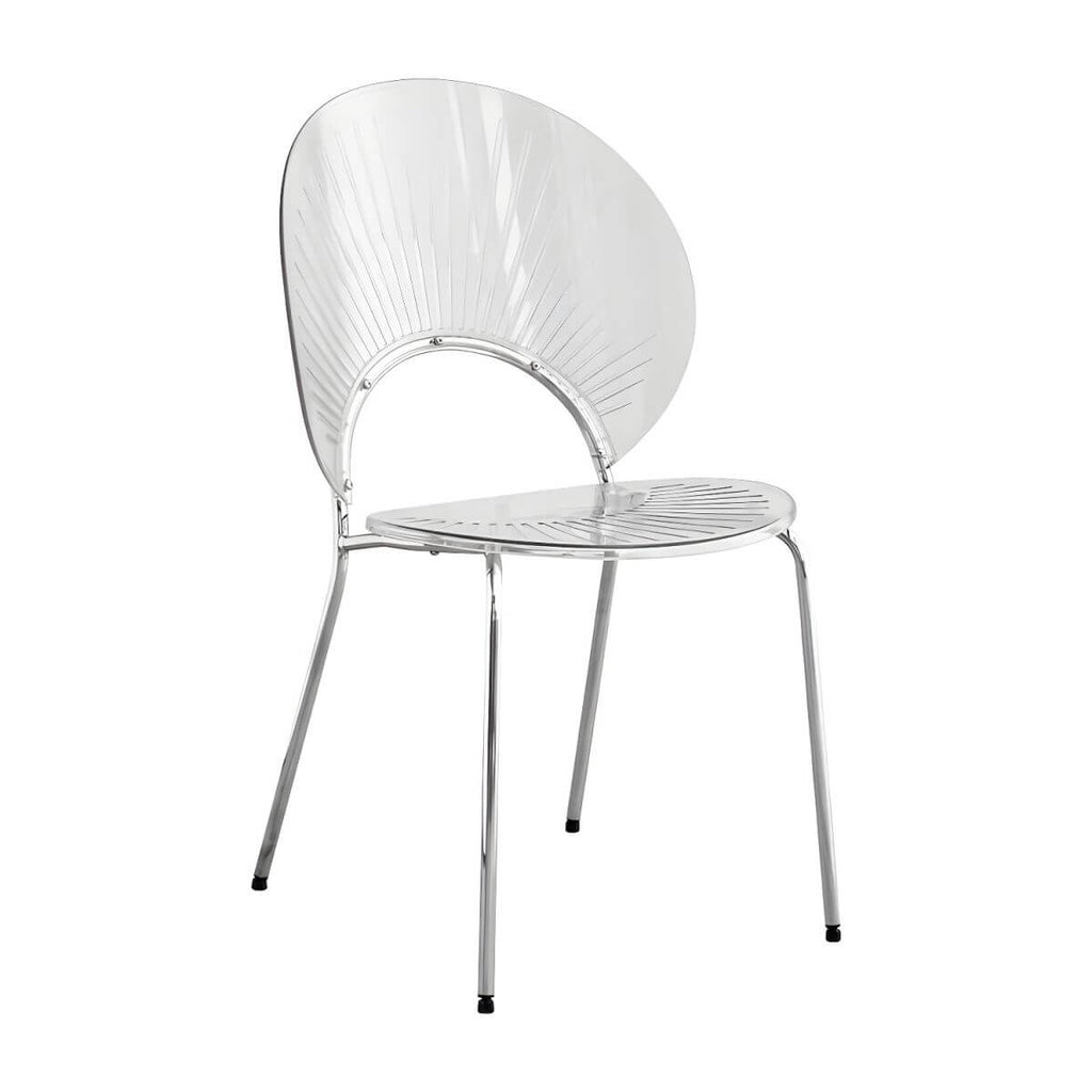 Stackable Scandinavian style dining chair with plastic seat, acrylic back, and silver legs
