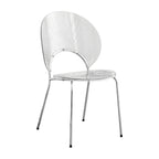 Stackable Scandinavian style dining chair with plastic seat, acrylic back, and silver legs