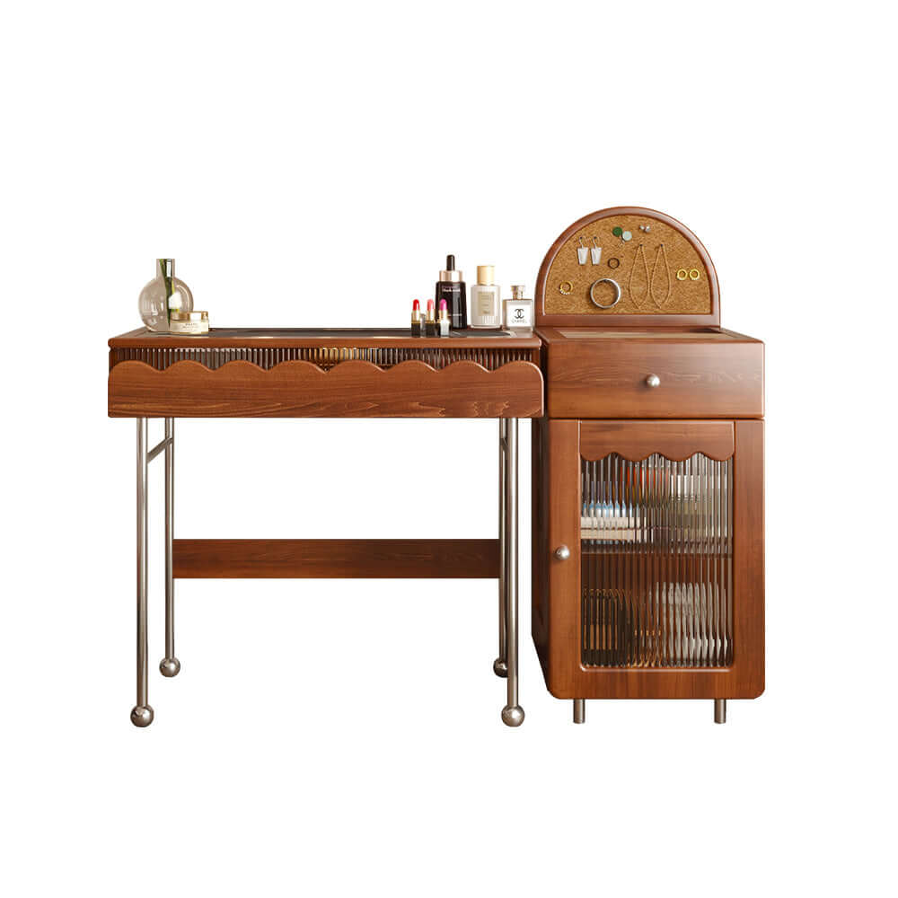 Solid wood makeup table with cabinet and LED mirror, freely combinable for personalized setup