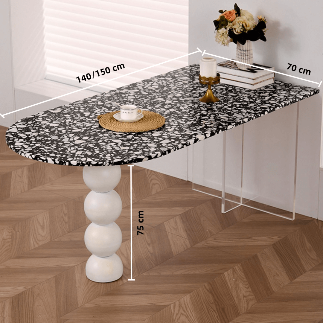 Half-elliptical terrazzo dining table with multicolor mosaic design, durable and stylish