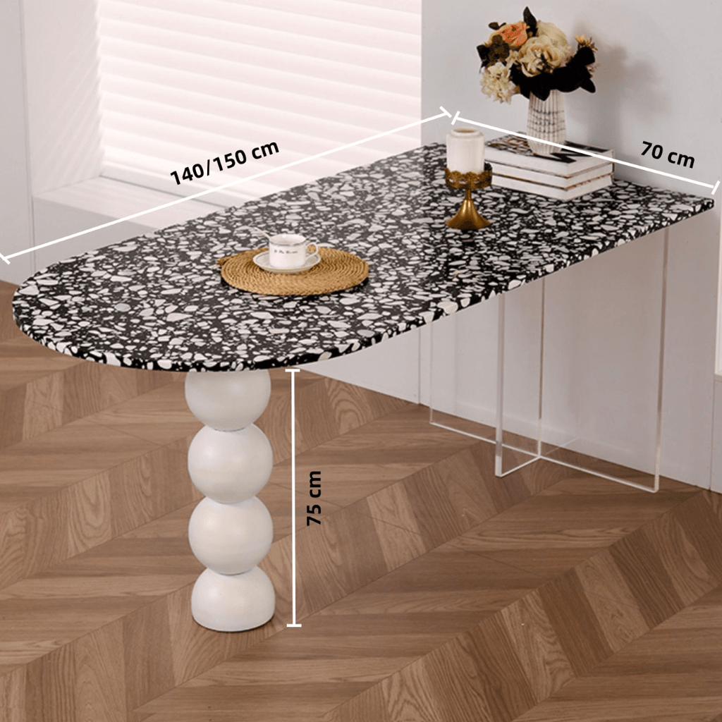 Half-elliptical terrazzo dining table with multicolor mosaic design, durable and stylish