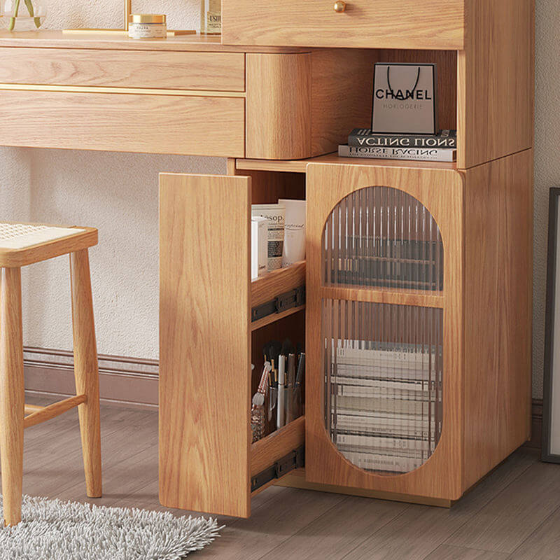 Large wooden makeup vanity table with side cabinet and spacious drawers for storage