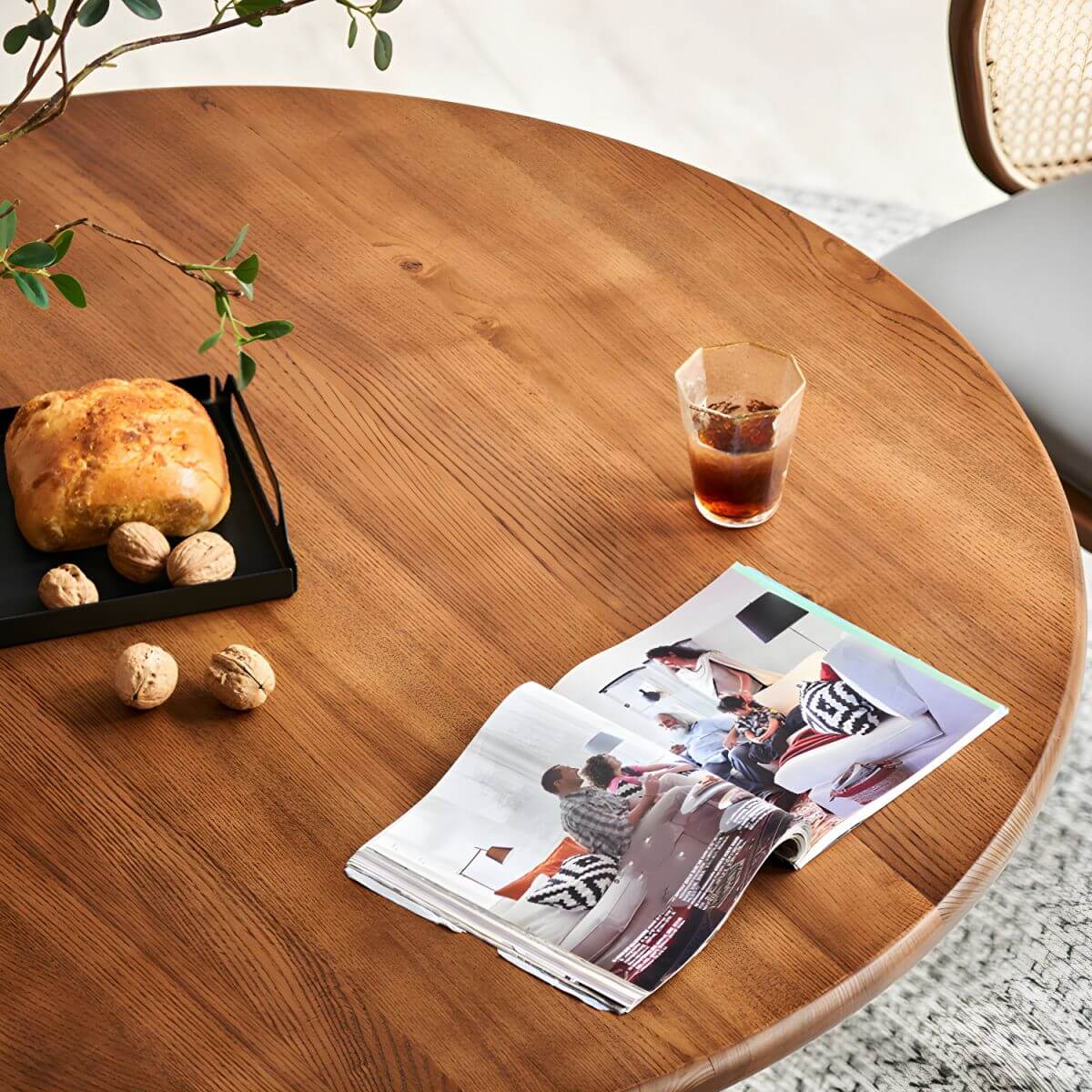 5-piece solid wood dining set with round rattan table and four chairs for dining room