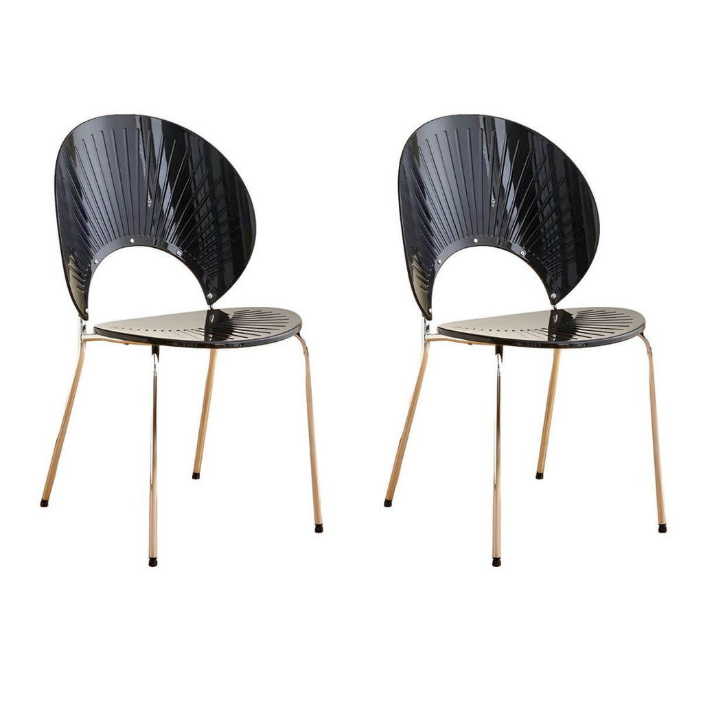 Stackable Scandinavian style dining chair with plastic seat, acrylic back, and silver legs