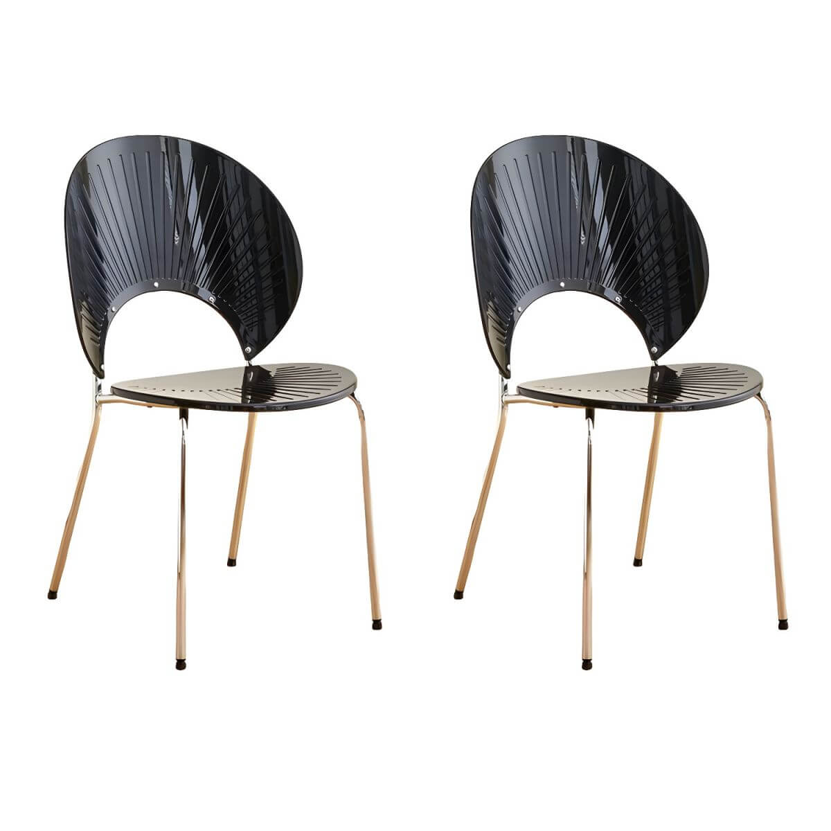 Stackable Scandinavian style dining chair with plastic seat, acrylic back, and silver legs