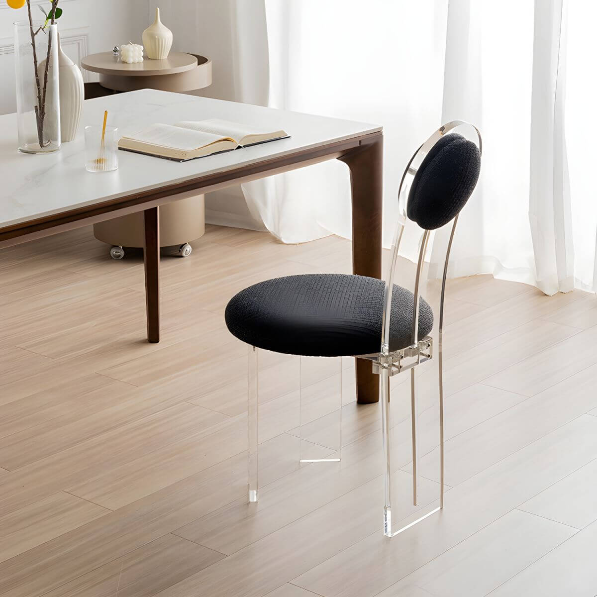 Contemporary upholstered dining chair with clear acrylic frame for kitchen seating