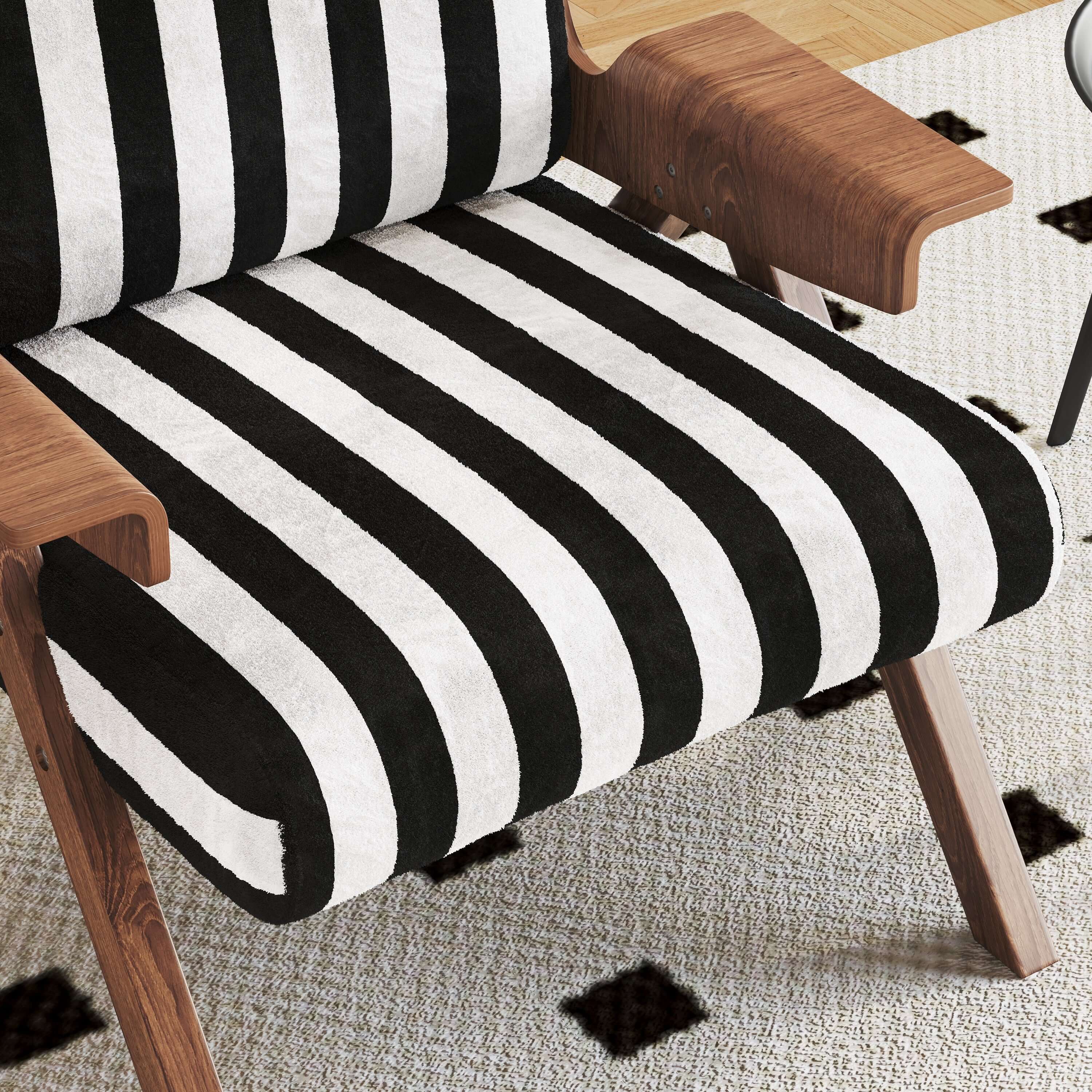 White modern accent armchair sofa with black stripes, stylish and comfortable seating
