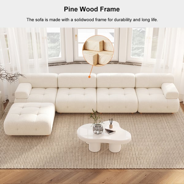 White modern L-shaped modular boucle sectional sofa loveseat with wood legs