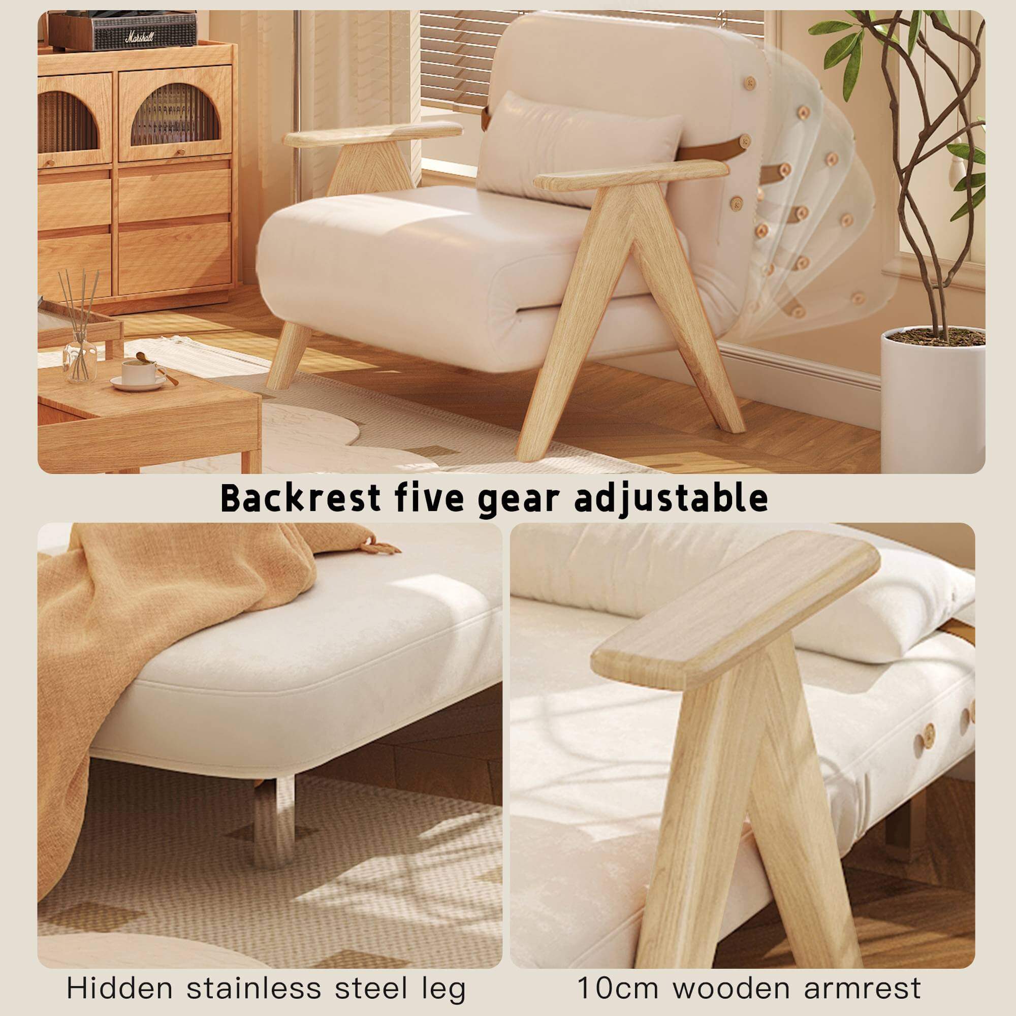 Foldable reclining sofa with armrest in cotton linen fabric for comfortable seating