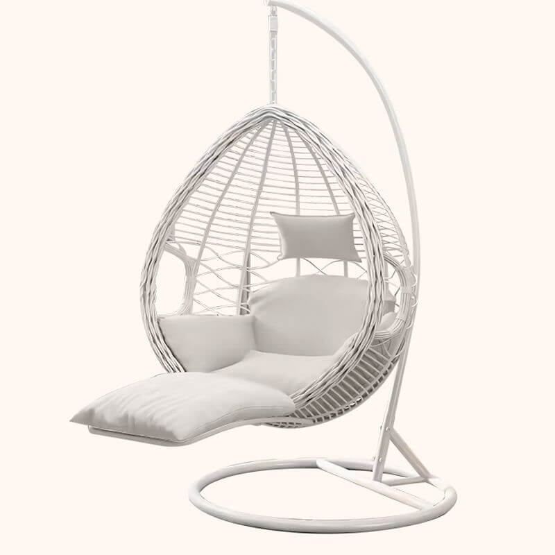 Metal upholstered porch swing egg chair with stand and chain, seating for two in cocoa and cream colors