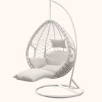 Metal upholstered porch swing egg chair with stand and chain, seating for two in cocoa and cream colors